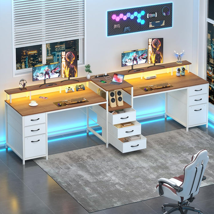 98.4" Long Computer Desk with 9 Drawers, 2 Person Gaming Desk with LED Lights & Power Outlet, Two Person Home Office Desk with Storage, Printer Shelf ＆ Monitor Stand, Brown and White