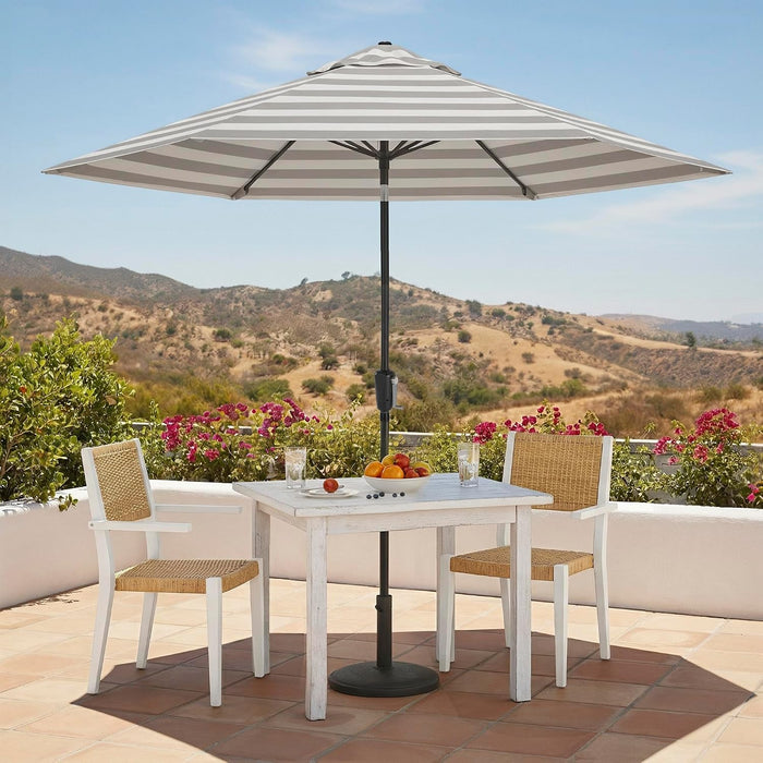 9-Ft Patio Umbrella, 8-Year Protection, Solstice Fade-Resistant Fabric, Crank Lift, Push-Button Tilt, Heavy-Duty Aluminum Frame, 6 Reinforced Ribs with Wind Vent, Grey/White Stripe
