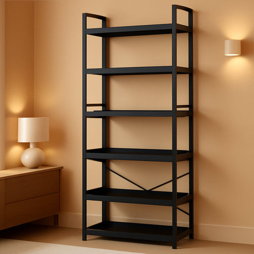 6 Tier Bookshelf, Adjustable Industrial Bookcase, Vertical Tall Book Shelf, Wood and Black Metal Open Bookshelves for Home Office, Living Room, Bedroom, 70 Inch
