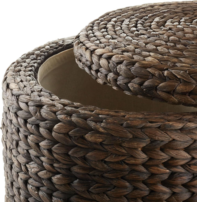 17" round Storage Ottoman with Lid - Espresso, Handwoven Water Hyacinth Footstool for Living Room, Bedroom, Bathroom, Home Office