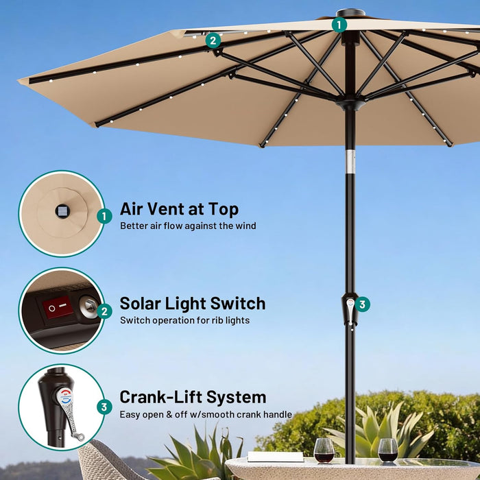 9FT Patio Umbrella with Solar Lights, 32 Lighted Pool Umbrella W/Tilt and Crank, Outdoor Market Solar Umbrellas for Garden, Deck, Backyard, Pool and Beach, Beige