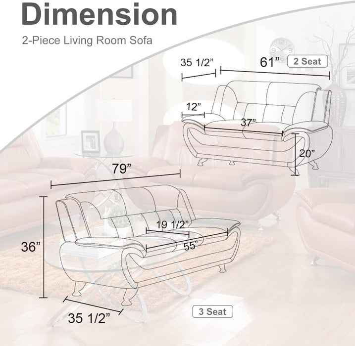 Faux Leather Sofa Couch Set, Living Room Sofa and Loveseat Set, Leather Couch and Loveseat Set for Living Room Office Home (2 Piece Leather Living Room Set, Cream White)
