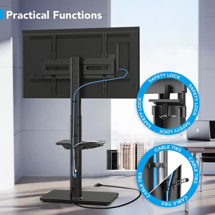 Floor TV Stand with Power Outlet& Shelf, Universal TV Stand Mount for 27-65 Inch TV up to 88Lbs, 70 Degree Swivel 9 Level Height Adjustable with Tempered Glass Base for Bedroom, Office Black