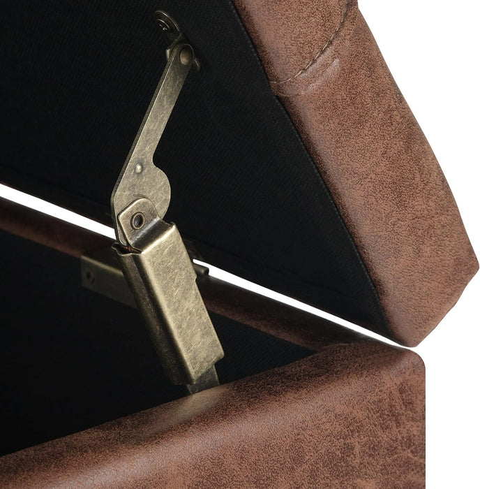 Harrison 36 Inch Wide Transitional Square Coffee Table Storage Ottoman in Distressed Umber Brown Vegan Faux Leather, Assembled, for the Living Room and Bedroom