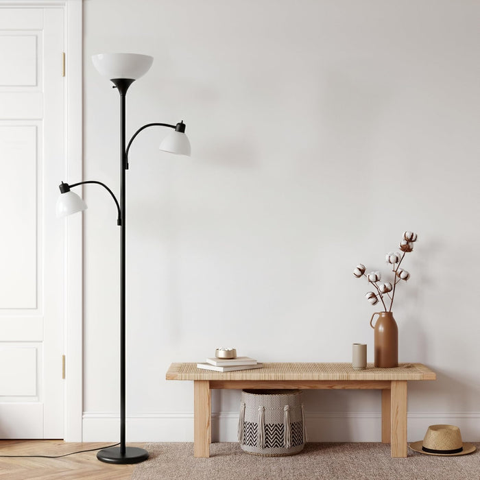 Sky Dome Double LED Floor Lamp, Torchiere Super Bright Floor Lamp with 2 Reading Lamps for Living Rooms & Offices - Dimmable Tall Standing Lamp for Bedroom Reading - Tall Black Pole