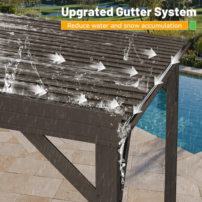 12X20Ft Lean to Gazebo, Outdoor Hardtop Wall Mounted Gazebo with Gutter & Sloping Galvanized Steel Roof, Metal Hard Top Awnings for Deck, Porch, Backyard -Brown