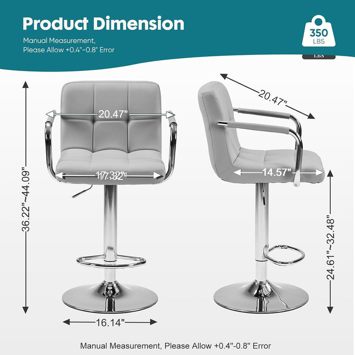 Swivel Bar Stools Set of 4, PU Leather Counter Height Stool with Arm | Upholstered Bar Chairs with Back, Barstools, Adjustable Height, Metal Legs, Kitchen Island, Cafe, Pub, Light Grey