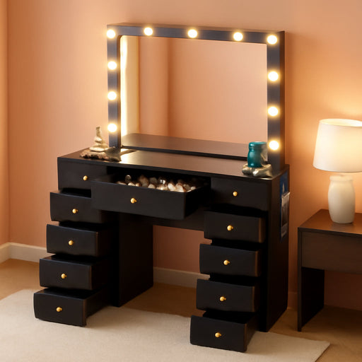 42.1" Vanity with Large Mirror and 10 LED Lights, Vanity Desk with Glasstop, 11 Drawers with Crystal Handles, Dressing Table with Power Outlet as Gift for Women, Girls (Black)