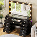 42.1" Vanity with Large Mirror and 10 LED Lights, Vanity Desk with Glasstop, 11 Drawers with Crystal Handles, Dressing Table with Power Outlet as Gift for Women, Girls (Black)