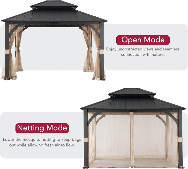 13'X15' Permanent Hardtop Gazebo – Outdoor Patio Gazebo with 4.6" Extra-Thick Woodgrain Frame, 2-Tier Galvanized Steel Double Roof & Mesh Netting, for Backyard, Lawn, Garden, Deck, Black
