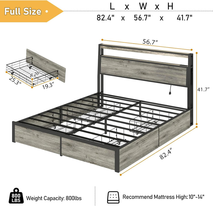 Full Size Bed Frame with Storage Headboard, Metal Platform Full Bed Frame Wood with 4 Drawers, LED Light, Charging Station, No Box Spring Needed, Noise Free, Easy Assembly, Grey