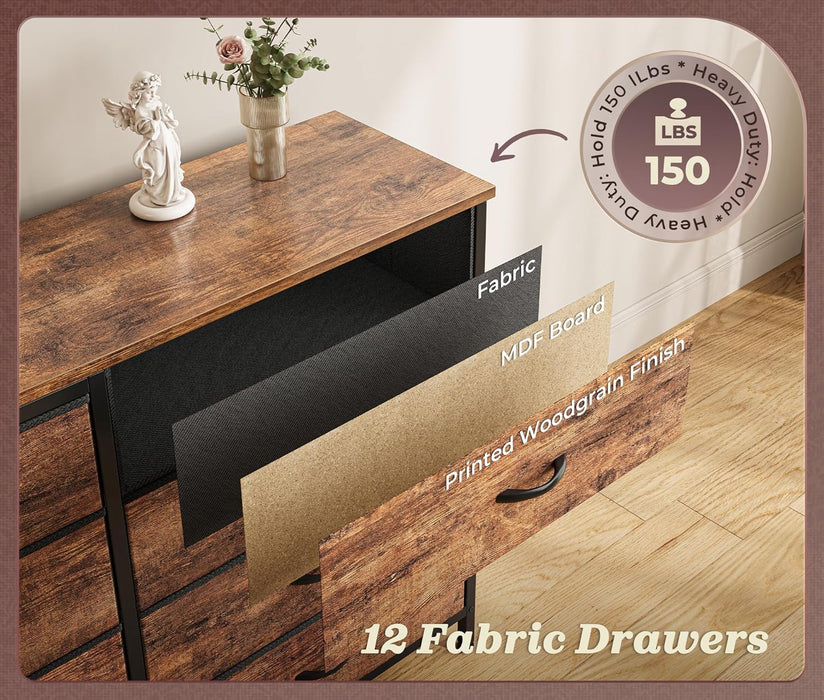 63 Inch Long Dresser for Bedroom, TV Stand for 65, 70 Inch TV, 12 Drawer Dresser for Closet, Chest of Drawers, Large Fabric Drawers for Bedroom, Media Console, Rustic Brown