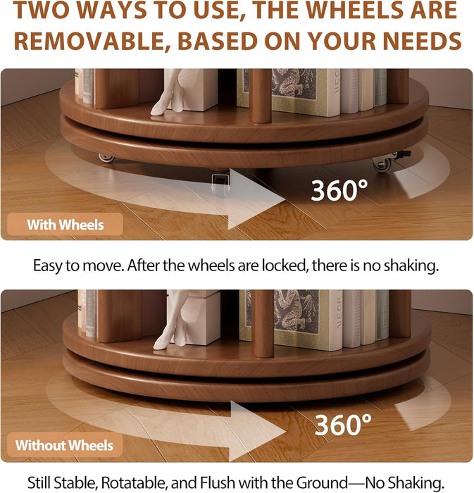 5 Tier Solid Wood Rotating Bookshelf Tower on Wheels, Walnut