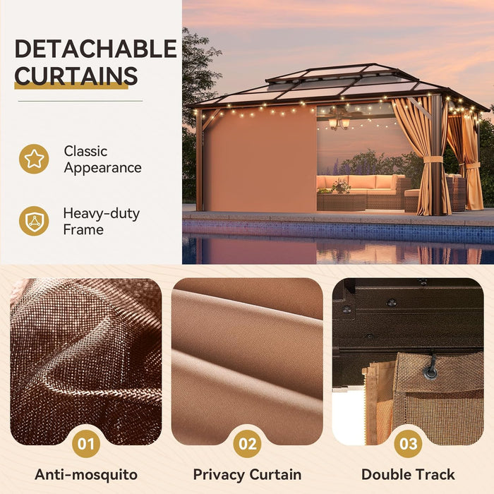 12'X16' Hardtop Gazebo, Outdoor Metal Gazebo with Double Polycarbonate Roof Canopy, Permanent Pavilion with Netting and Curtains for Lawn, Garden, Patio (Brown)