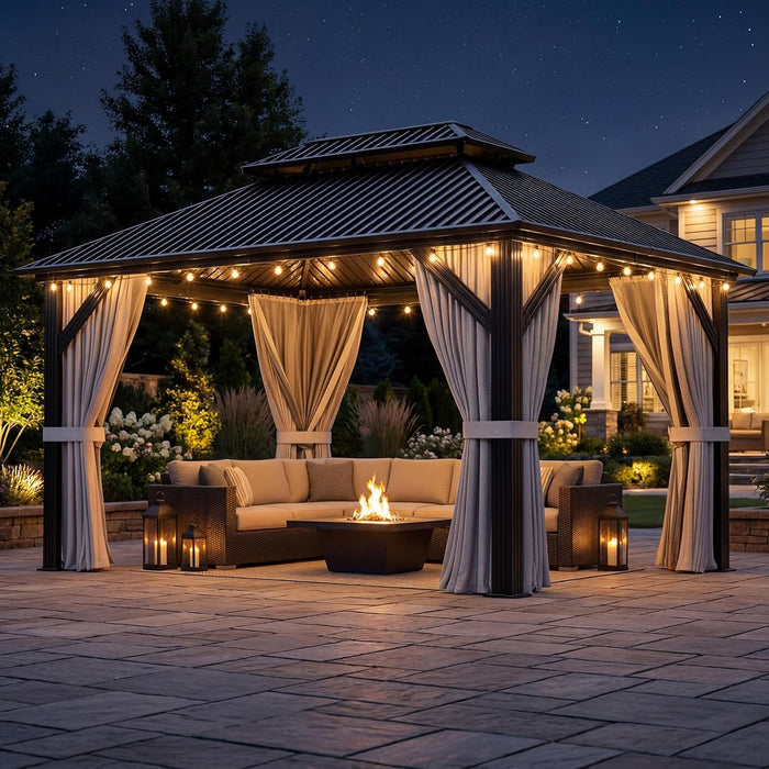 10'X12' Gazebo Hardtop Gazebo, Aluminum Pergola with Double Galvanized Steel Roof, Permanent Outdoor Metal Canopy with Curtain and Netting for Patio, Backyard, Deck,Grey