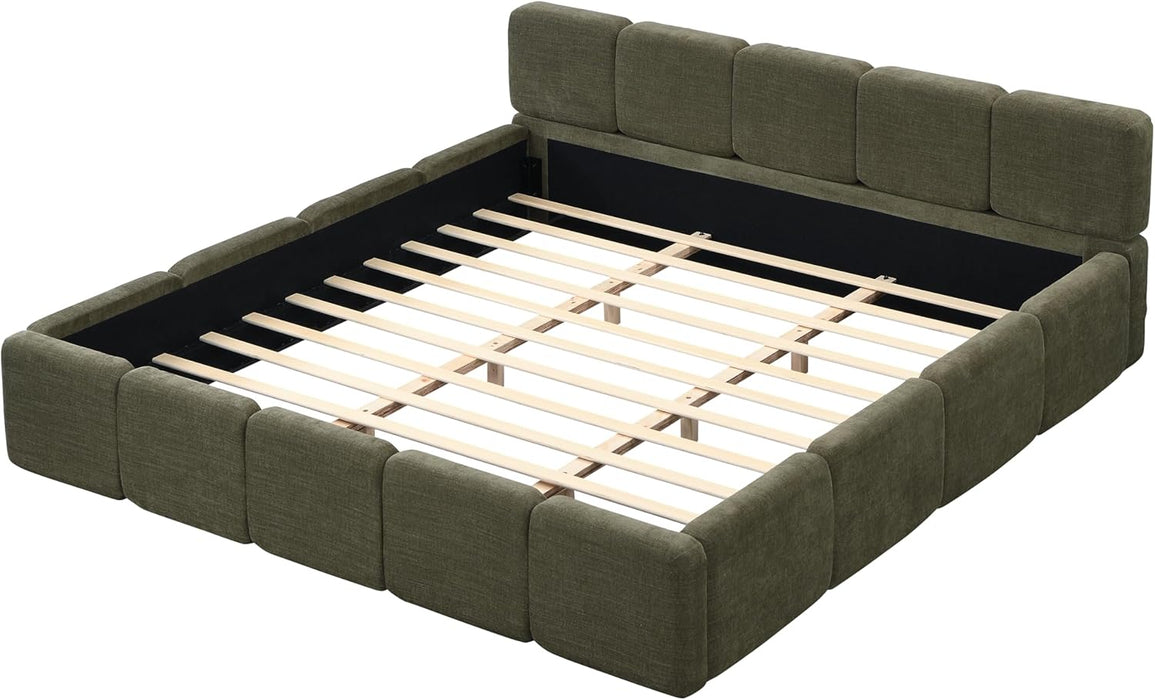 King Size Boucle Platform Bed with Thick Headboard and Footboard, Block Style Upholstery Floor Bed Frame, Green