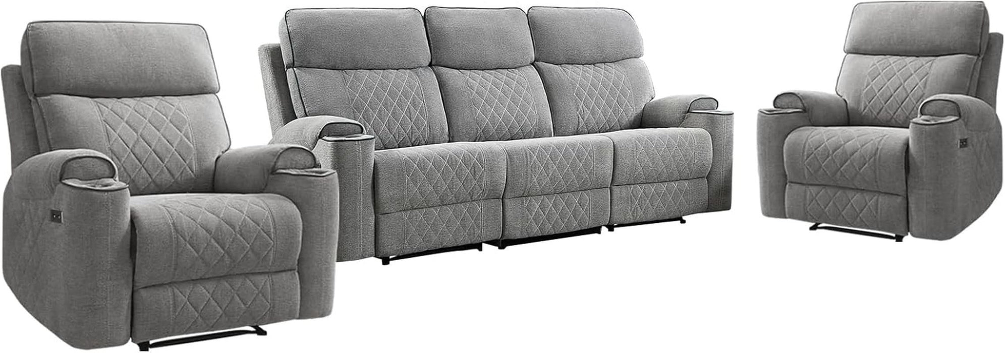 3-Piece Power Recliner Sofa Set with Charging Port, Include 2 Single Power Reclining Chairs and a 3-Seater Reclining Couch with Cup Holders for Living Room, Light Grey