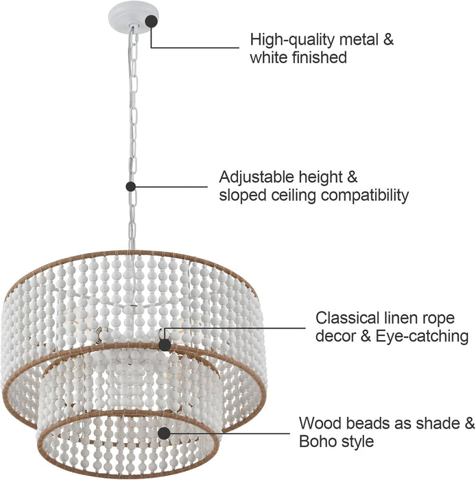 Dia 22 Inch Boho Wood Bead Chandelier Farmhouse, Bohemia Dining Room Light Fixture over Table, White Bead Pendant Chandelier for Bedroom Kitchen Hallway Entryway Nursery Living Room Foyer