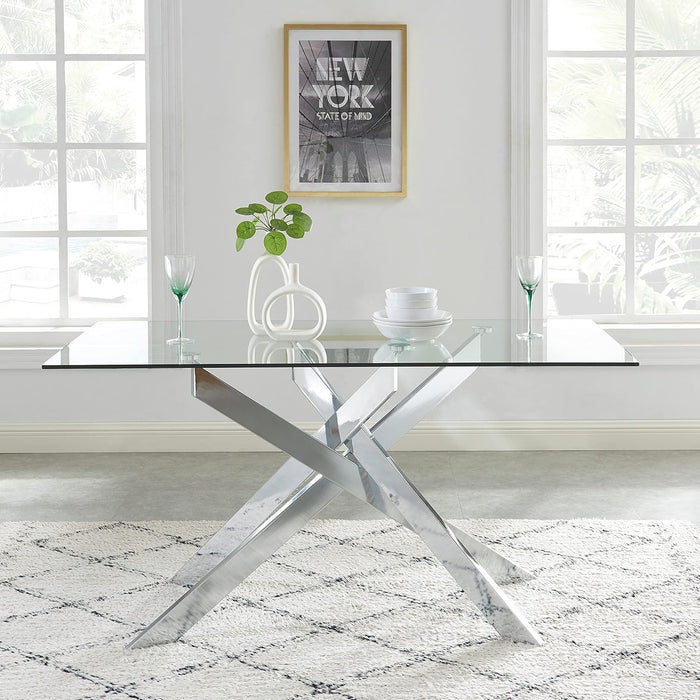 58.5” Rectangle Glass Dining Table, Tempered Glass Tabletop and Metal Tubular Legs, Modern Style Table for Home, Kitchen, Dining Room 58.5”Lx29”Wx30”H, Silver