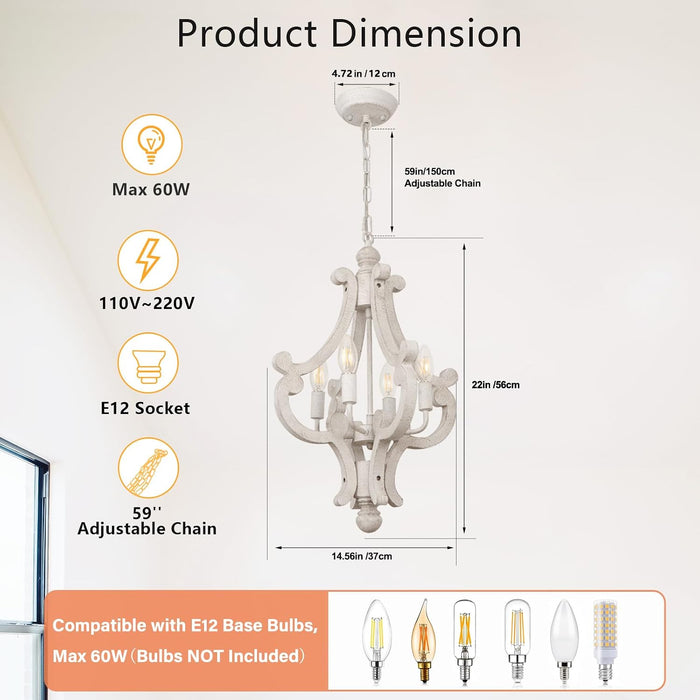 Farmhouse Chandelier, 4-Light French Country White Chandelier