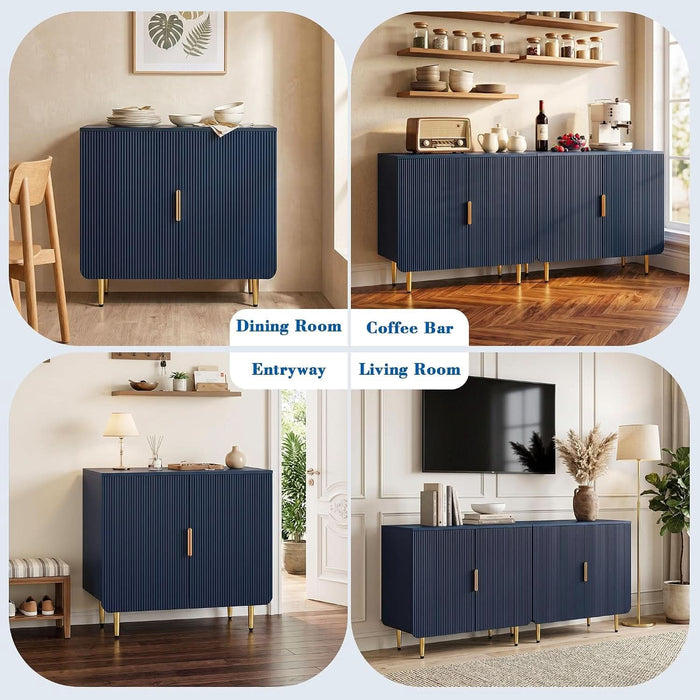 Blue Fluted 2-Door Buffet Cabinet, Modern Coffee Bar & Sideboard