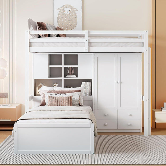 Twin Bunk Bed with Drawers, Wood Twin over Twin Bunk Bed with Wardrobe, Storage Shelves and Hydraulic Bed, White