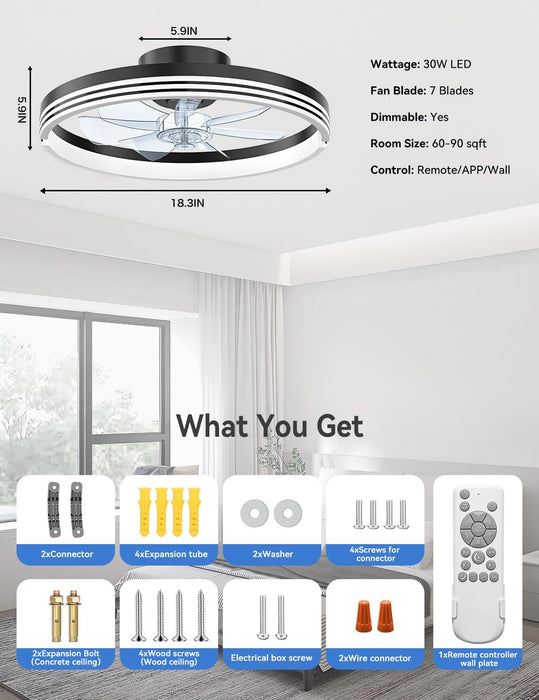Modern Bladeless Ceiling Fans with Lights, Small Fandelier Bedroom Ceiling Fan - Low Profile LED Fan Light with Remote APP, Flush Mount, Dimmable, DC Motor, 6 Speeds, Timer (18 Inch, Black)