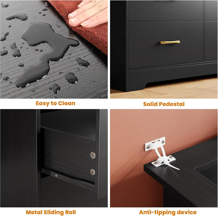 9 Drawer Dresser for Bedroom - 65” Wide Chest of Drawers with LED Light and Charging Station, Modern Large TV Stand Cabinet Organizer with Open Shelf for Living Room, Entryway, Hallway, Black