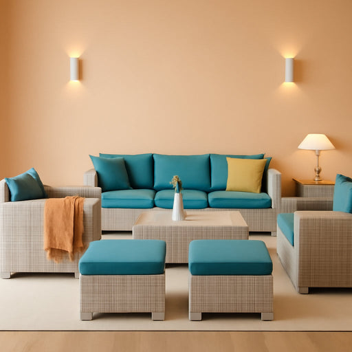 Patio Furniture Set 6 Piece Outdoor Patio Set Grey Wicker Balcony Furniture Conversation Sets PE Rattan Couch Sofa with Coffee Table, Peacock Blue Cushion