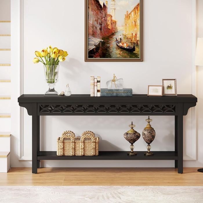 70.8-Inch Solid Wood Long Console Table, Farmhouse Entryway Table with Storage, Narrow Sofa Table Grey Couch Table for Living Room Entryway Hallway (Black)