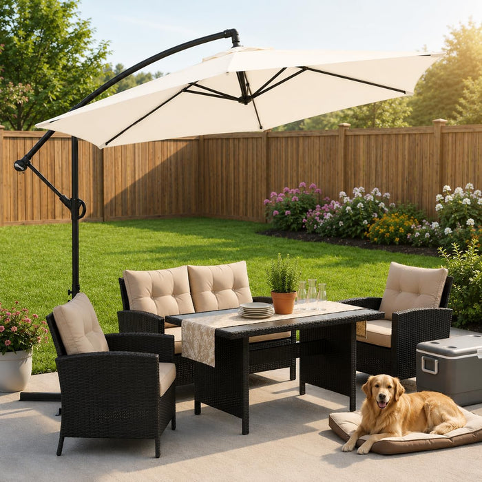 Large 9FT Offset Patio Umbrella with Cantilever Crank & Infinite Tilt, Heavy Duty Outdoor Hanging Umbrella with Cross Base for Backyard, Deck, Poolside