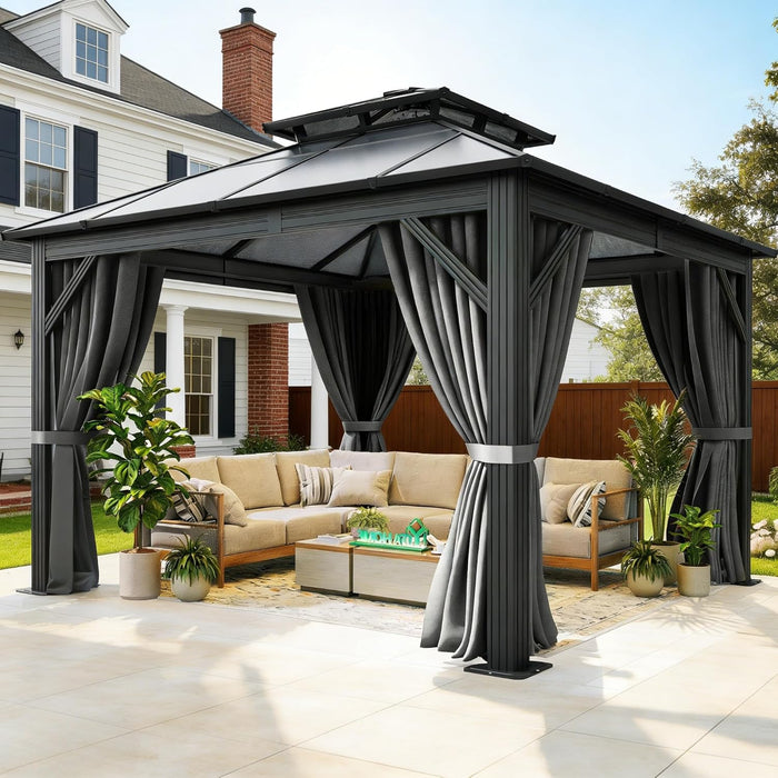 10X10FT Polycarbonate Hardtop Gazebo Outdoor Patio Double Top Canopy Galvanized Iron Metal Column Garden Tent Curtains Netting for Backyards Decks Lawns,Gray