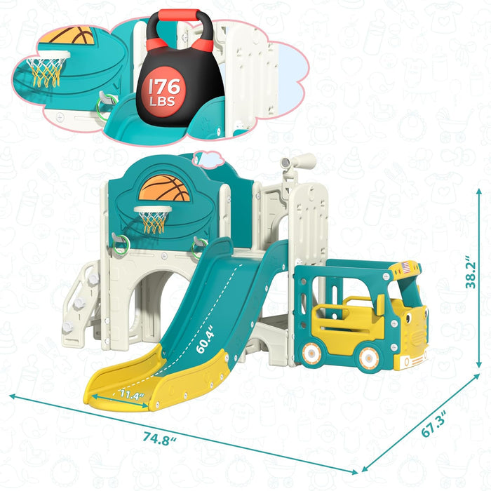 9-In-1 Toddler Slide, Bus-Themed Baby Slide and Climber Playset with Basketball Hoop, Ring-Toss, Car Playhouse, Kids Indoor and Outdoor Playground