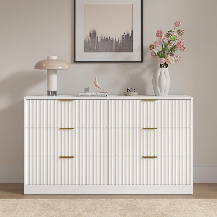 White 6 Drawer Dresser for Bedroom, 55" Wide Fluted Chest of Drawers with Gold Metal Handles, Wood Dresser Storage Organizer Mid Century TV Stand for Living Room Closet Hallway