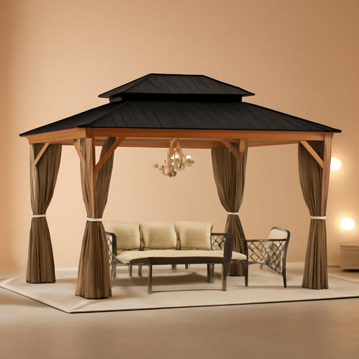 12x14 Weatherproof Gazebo WoodgrainFinish With LEDs
