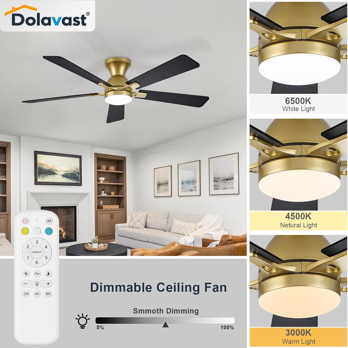 Ceiling Fans with Lights and Remote, 52 Inch Ceiling Fan with Light, Low Profile Reversible Gold Fandelier Ceiling Fan, Dimmable LED, Flush Mount, Quiet DC Motor, for Bedroom Kitchen