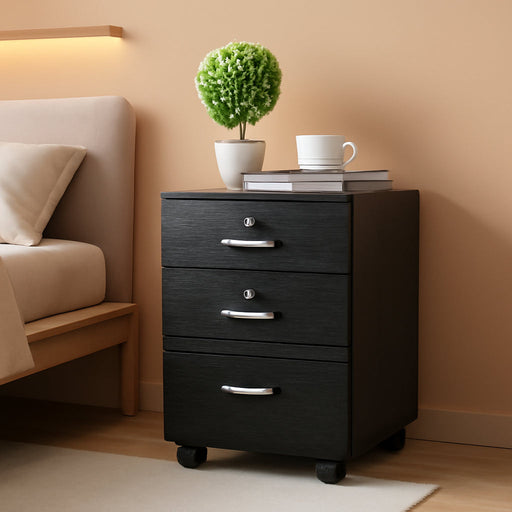 26" H 3 Drawer File Cabinet with Lock, Rolling File Cabinet under Desk, Mobile File Cabinets for Home Office, Wood Black File Cabinet Printer Stand for Letter Size Hanging/Manila File Folders