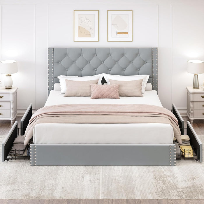 Queen Size Bed Frame Upholstered Platform Bed with 4 Storage Drawers and Tufted Headboard Velvet Bed Frame with Heavy Duty Wood Slats, No Box Spring Needed, Easy Assembly, Bluish Grey