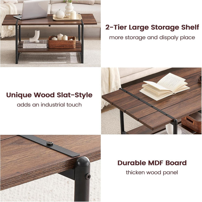 2-Tier Modern Industrial 41'' Large Wood Coffee Table with Storage Shelf - Rustic Metal Rectangle Center Living Room Coffee Table Accent Furniture for Home Office, Brown Walnut