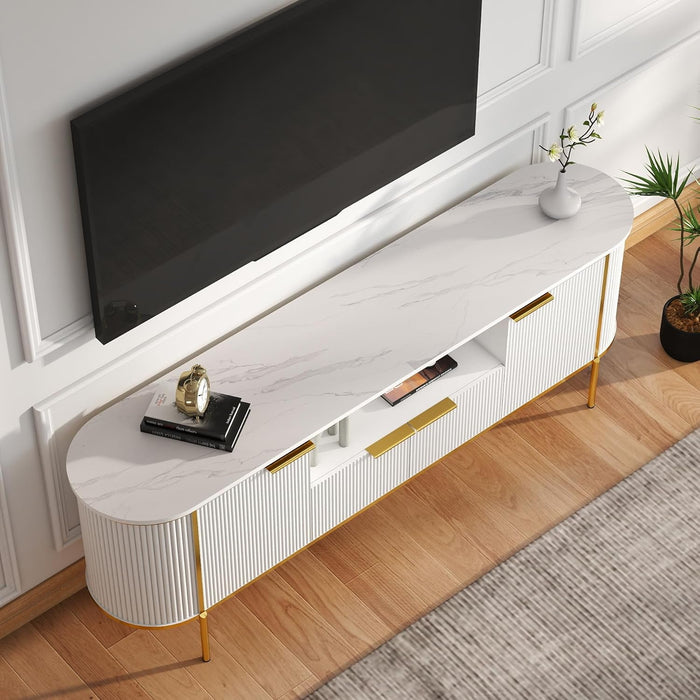White Tv Stands for Living Room: 70" Large Entertainment Center with Storage, Modern Media Console Cabinet with Doors, Fluted Tv Table with Gold Legs (White, 70" TV Stand)