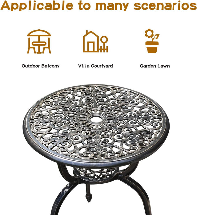 Patio Bistro Set.Rust-Resistant Cast Aluminum Bistro Table Set with Umbrella Hole for Backyard (Crown Copper)