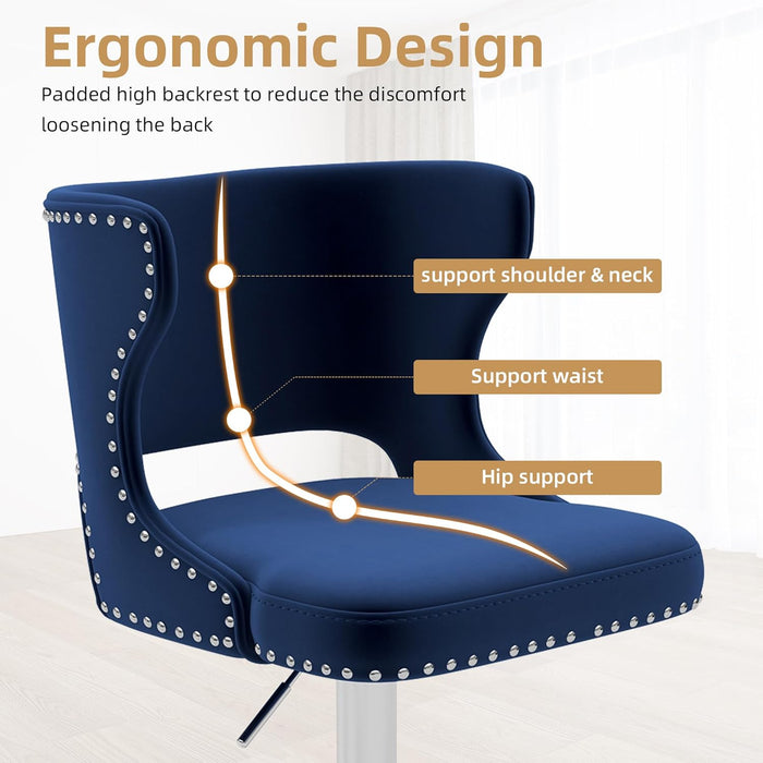 Bar Stools Set of 4, Velvet Swivel Adjustable Barstools with Hollow Back, Rivet Trim and Stable Chrome Base, Upholstered Counter Height Bar Stools for Kitchen Island, Blue