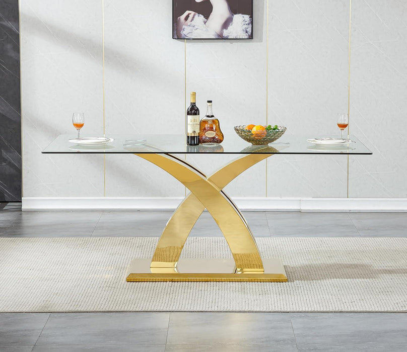 70" Gold Tempered Glass Dining Table, Modern Glass Kitchen Table Dining with Tempered Glass Tabletop and Unique Stainless Steel Pedestal, Modern Kitchen Dining Room Table for 8