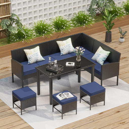 Small Space Patio Furniture Set 7-Piece, Outdoor Sectional Sofa with Waterproof Cushions, Space-Saving Backyard Furniture Set, Glass Table, Perfect for Patio, Garden, Balcony, Dark Blue.