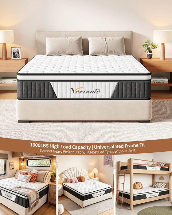 12 Inch Queen Mattress, Medium Firm Hybrid Memory Foam, 7-Zone Body Support for Pressure Relief, Motion Isolation, Queen Mattress in a Box, White Breathable Textured Fabric Mattresses
