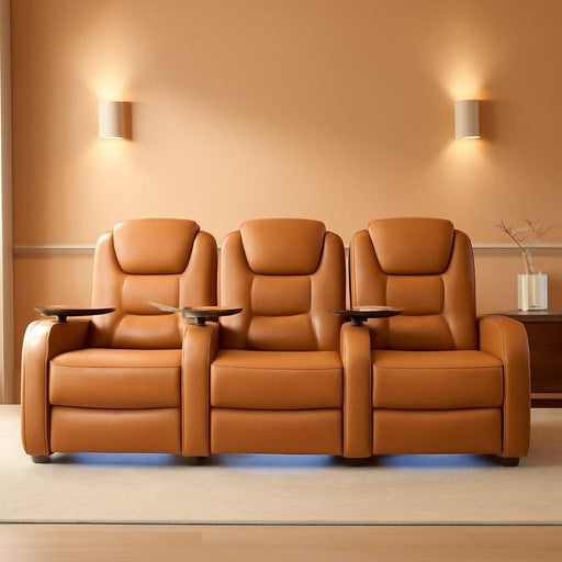 Leather Home Theater Seating, Simple Style Top Grain Leather Game Seats Movie Theater Chairs Recliner Sofa with Type-C USB Charger (Orange, Row of 3)