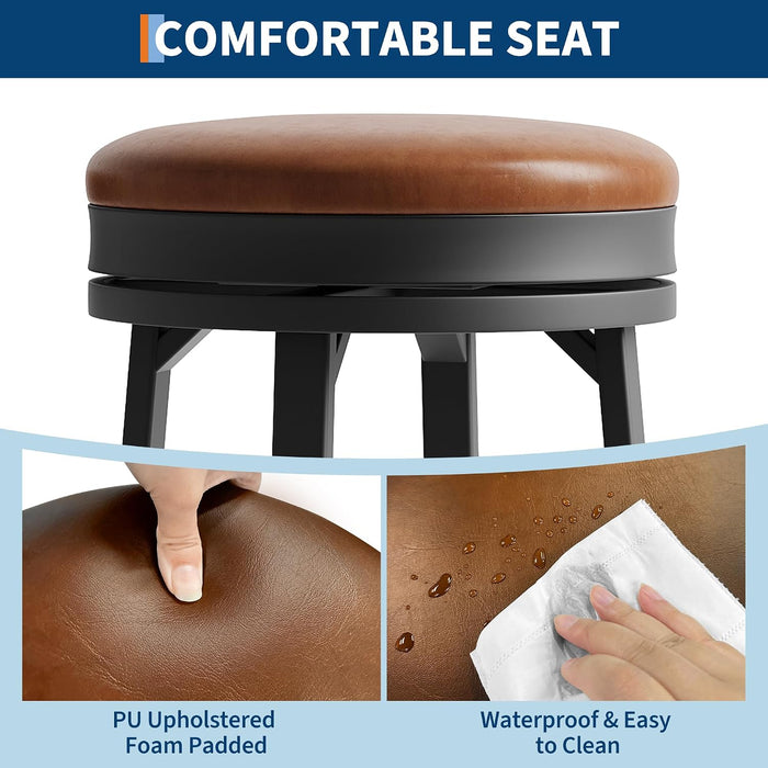 30'' Swivel Bar Stools Set of 4 with PU Leather Cushion | Backless round Counter Height Barstools, Metal Frame Legs and Footrest, for Kitchen Island, Home Bar, Brown