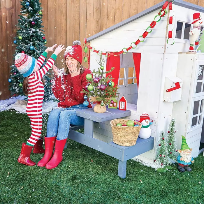 Playhouses, Modern Outdoor Wooden Playhouse with Picnic Table, Mailbox and Outdoor Grill ,Gift for Ages 3+