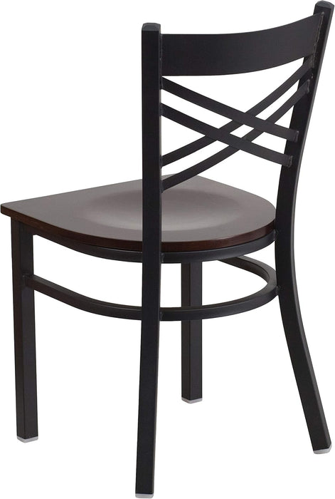 2 Pack HERCULES Series Black ''X'' Back Metal Restaurant Chair - Walnut Wood Seat