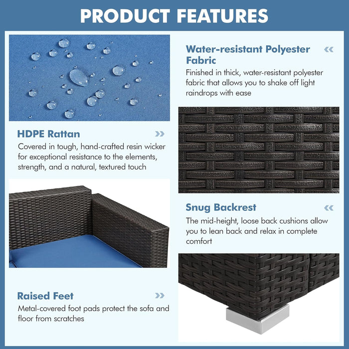 3-Seat Patio Wicker Sofa, Outdoor Rattan Couch with Furniture Cover, Deep Seat High Back with Cushions & Throw Pillows for Deck/Porch/Balcony/Yard, Brown/Dark Blue